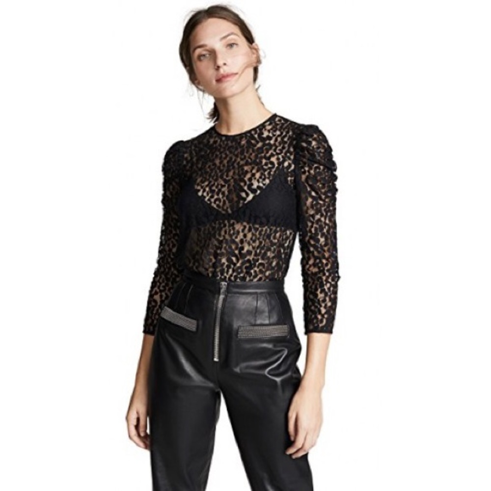Current/Elliott Black Sheer Leopard Lace Top